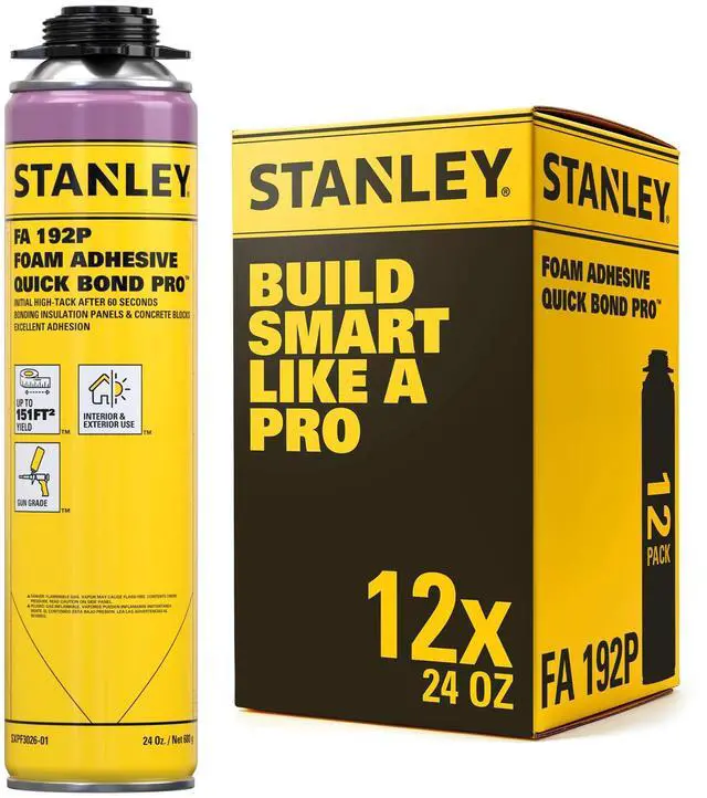 Main image of FA192P Quick Bond Pro Adhesive Foam (12x24oz) | Heavy Duty Polyurethane Foam Adhesive for Construction, Insulation Panels, Concrete, Wood, Metal, Fast Cure, Gun NOT Included | 12 Pack