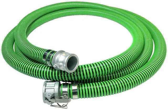 Main image of Heavy Duty EPDM All Weather Suction Hose Assembly, Black Tube, Lime Green Helix, 1-1/2" Inside Diameter Hose with Male x Female Cam and Groove Fittings Installed, 33 ft Length