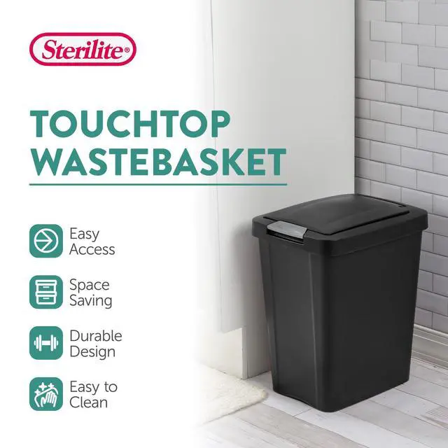 Alt view image 2 of 6 - 7.5 Gallon TouchTop Wastebasket with Lid that Opens with Touch, Conceals Trash in the Kitchen, Bathroom, Mudroom or Office, Black, 12-Pack