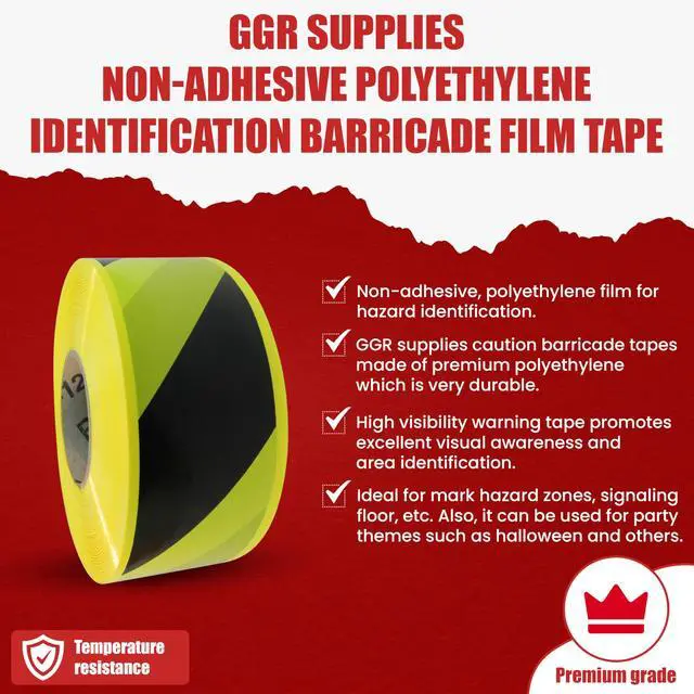 Alt view image 2 of 6 - BRC-80 Non-Adhesive Polyethylene Identification Barricade Film Tape Ideal for Hazardous Areas & Safety Identification. 3 Inch X 1000 Ft. (8 Rolls, Yellow)