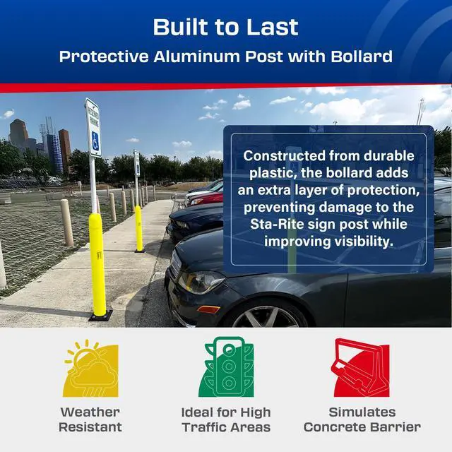 Alt view image 3 of 6 - Impact Recovery - Sta-Rite Flexible Sign Post - Sign Holder - Handicap Parking Signs - Made in the USA - 102 with Yellow Bollard - Reserved Parking Signage