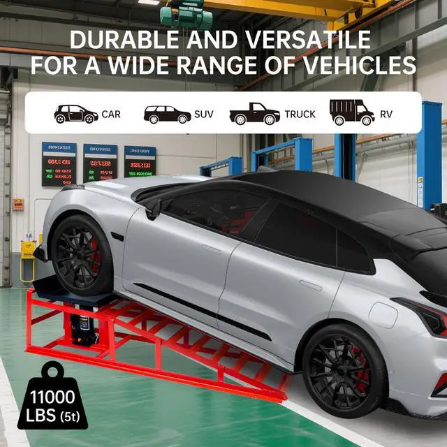 Alt view image 3 of 6 - 5 Ton (11000 lbs) Capacity Hydraulic Low Profile Car Ramps with Pin Lock, 10.6 to 14.7 Inch Lift Range, for Auto & Home Garage Maintenance, Oil Changes