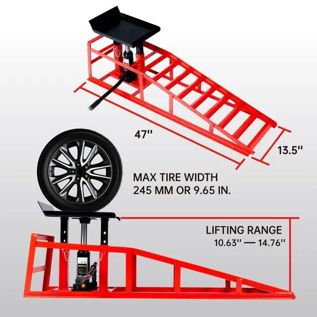 Alt view image 6 of 6 - 5 Ton (11000 lbs) Capacity Hydraulic Low Profile Car Ramps with Pin Lock, 10.6 to 14.7 Inch Lift Range, for Auto & Home Garage Maintenance, Oil Changes