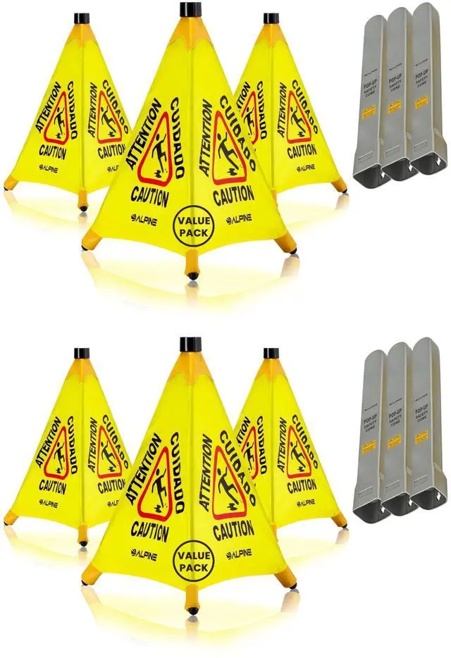 Main image of Caution Wet Floor Sign 6 Pack - Pop Up Slippery When Wet Sign, Wall Mounted Foldable Bilingual Yellow Safety Warning Caution Cone for Commercial & Office Use (20 Inches)