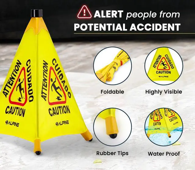 Alt view image 2 of 6 - Caution Wet Floor Sign 6 Pack - Pop Up Slippery When Wet Sign, Wall Mounted Foldable Bilingual Yellow Safety Warning Caution Cone for Commercial & Office Use (20 Inches)
