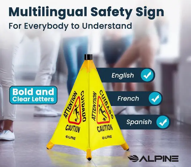 Alt view image 3 of 6 - Caution Wet Floor Sign 6 Pack - Pop Up Slippery When Wet Sign, Wall Mounted Foldable Bilingual Yellow Safety Warning Caution Cone for Commercial & Office Use (20 Inches)