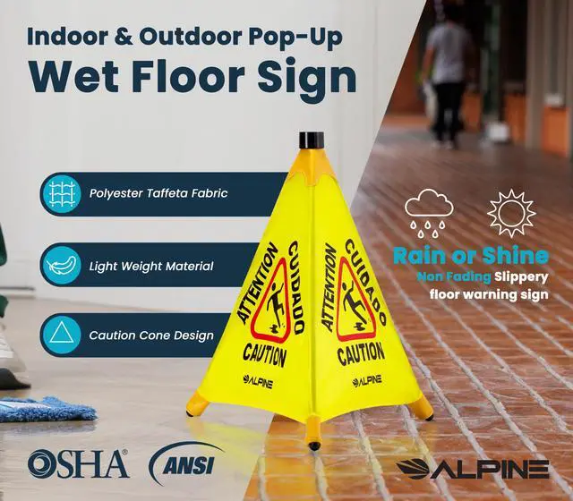 Alt view image 4 of 6 - Caution Wet Floor Sign 6 Pack - Pop Up Slippery When Wet Sign, Wall Mounted Foldable Bilingual Yellow Safety Warning Caution Cone for Commercial & Office Use (20 Inches)