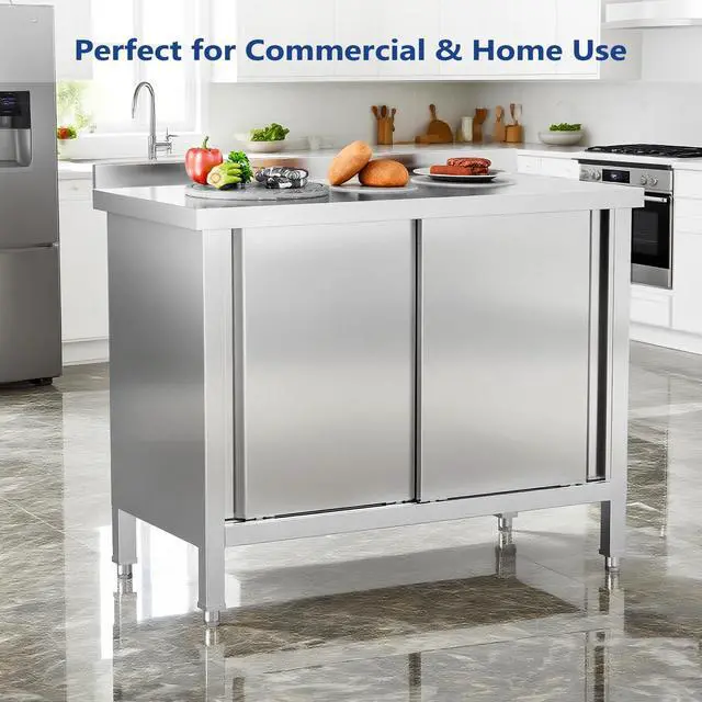 Alt view image 2 of 6 - Stainless Steel Table with Cabinet 39" x 19",Commercial Pre Table with Backsplash, Heavy Duty with 2 Sliding Doors, Large Space Storage for Kitchen Restaurant Hotel Garage Warehouse