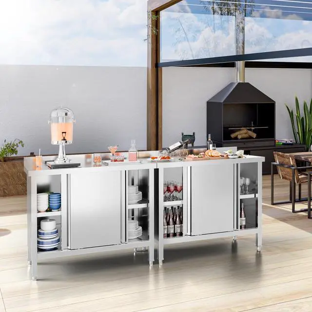 Alt view image 6 of 6 - Stainless Steel Table with Cabinet 39" x 19",Commercial Pre Table with Backsplash, Heavy Duty with 2 Sliding Doors, Large Space Storage for Kitchen Restaurant Hotel Garage Warehouse