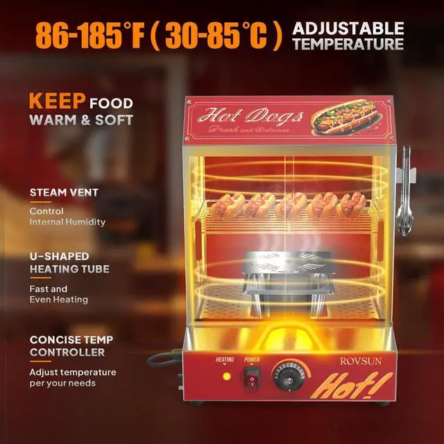 Alt view image 3 of 6 - 32QT Hot Dog Steamer 175 Hot Dogs & 40 Buns Capacity, 2-Tier Hut Steamer Hot Dog Steamer and Bun Warmer with Removable Shelves Food Clip for Party Event Concession Stand