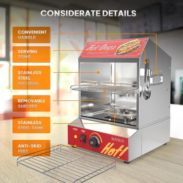Alt view image 5 of 6 - 32QT Hot Dog Steamer 175 Hot Dogs & 40 Buns Capacity, 2-Tier Hut Steamer Hot Dog Steamer and Bun Warmer with Removable Shelves Food Clip for Party Event Concession Stand