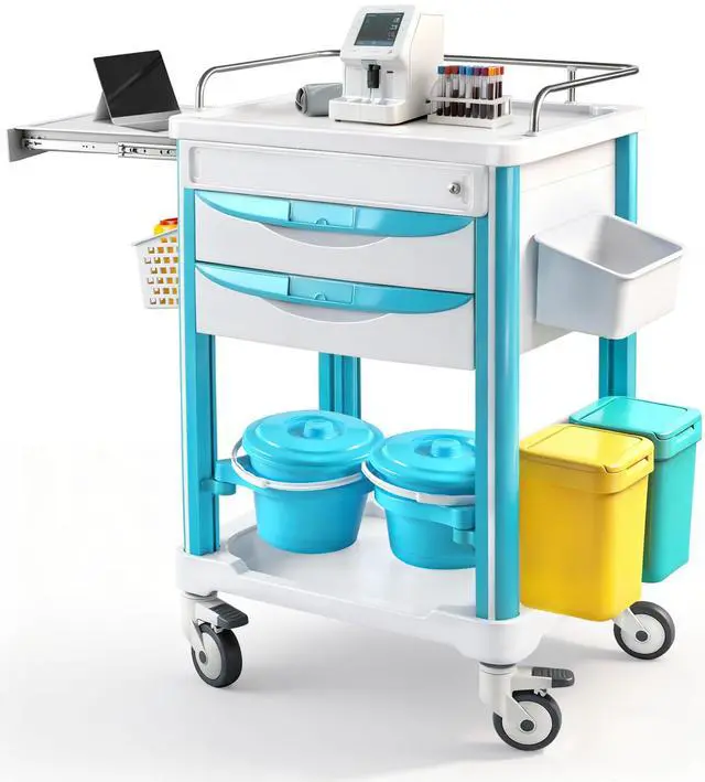Main image of Medical Rolling Storage Crash Cart with Brakes Silent Swivel Wheels, Hospital Mobile Ultrasound cart with 2 Dividers Drawers & Waste Bucket, Nursing Emergency Cart for Hospital, Clinic, Anorectal