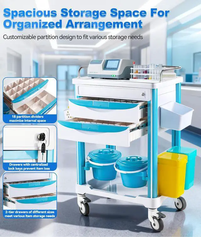 Alt view image 2 of 6 - Medical Rolling Storage Crash Cart with Brakes Silent Swivel Wheels, Hospital Mobile Ultrasound cart with 2 Dividers Drawers & Waste Bucket, Nursing Emergency Cart for Hospital, Clinic, Anorectal
