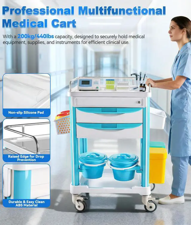 Alt view image 3 of 6 - Medical Rolling Storage Crash Cart with Brakes Silent Swivel Wheels, Hospital Mobile Ultrasound cart with 2 Dividers Drawers & Waste Bucket, Nursing Emergency Cart for Hospital, Clinic, Anorectal