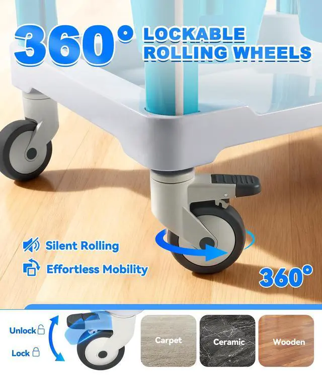 Alt view image 4 of 6 - Medical Rolling Storage Crash Cart with Brakes Silent Swivel Wheels, Hospital Mobile Ultrasound cart with 2 Dividers Drawers & Waste Bucket, Nursing Emergency Cart for Hospital, Clinic, Anorectal