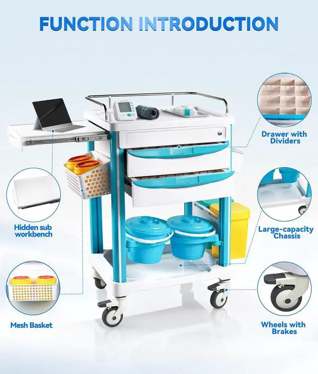 Alt view image 6 of 6 - Medical Rolling Storage Crash Cart with Brakes Silent Swivel Wheels, Hospital Mobile Ultrasound cart with 2 Dividers Drawers & Waste Bucket, Nursing Emergency Cart for Hospital, Clinic, Anorectal