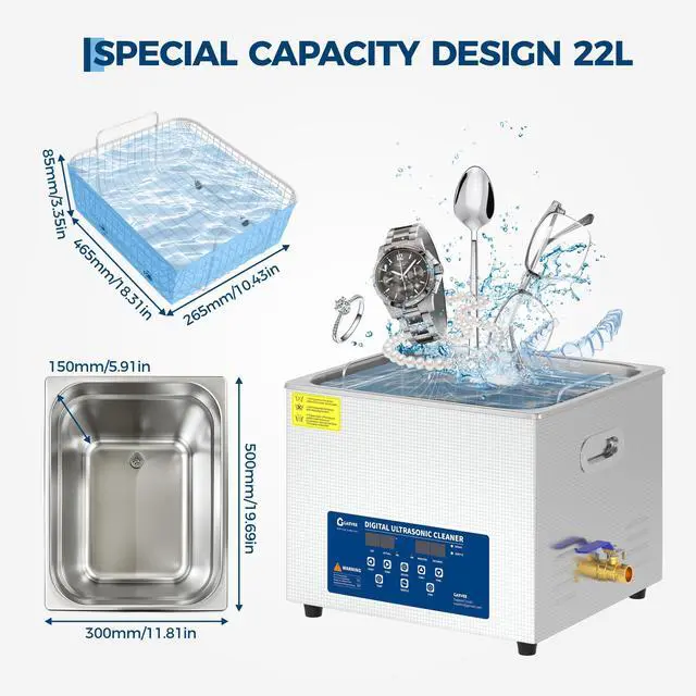 Alt view image 4 of 6 - 22L Ultrasonic Cleaner with Heated Function, Digital Timer & Stainless Steel Tank, Commercial Ultrasonic Cleaning Machine for Auto Parts, Industrial Components, Jewelry, Glasses