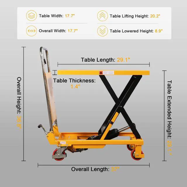 Alt view image 2 of 6 - Hydraulic Lift Table, 330lbs Capacity 29.1" Table Extended Height, Single Scissor Lift Table Cart with 4 Wheels and Safety Back Guard for Material Handling and Transportation