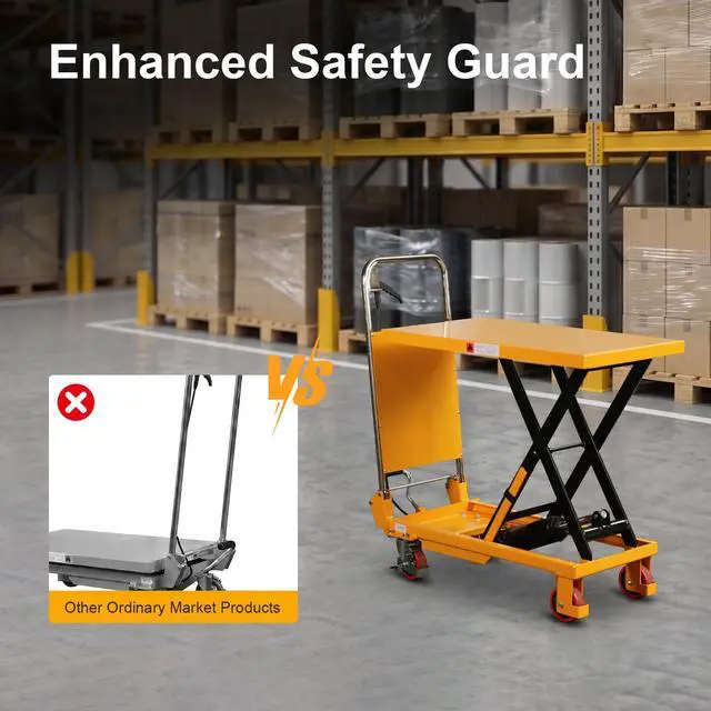 Alt view image 3 of 6 - Hydraulic Lift Table, 330lbs Capacity 29.1" Table Extended Height, Single Scissor Lift Table Cart with 4 Wheels and Safety Back Guard for Material Handling and Transportation