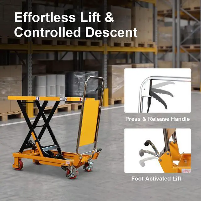 Alt view image 4 of 6 - Hydraulic Lift Table, 330lbs Capacity 29.1" Table Extended Height, Single Scissor Lift Table Cart with 4 Wheels and Safety Back Guard for Material Handling and Transportation