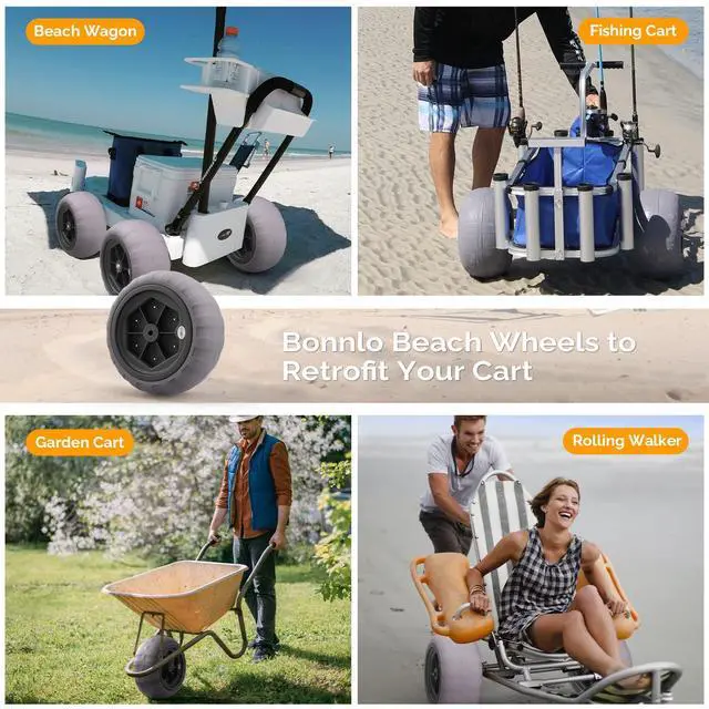 Alt view image 6 of 6 - 16" Balloon Wheels, 2 Pack Replacement Beach Sand Tires for Axle with 0.78" or 0.98" Diameter, Retrofit to Beach Wagon Fishing Cart Rolling Walker Wheelchair with Bearing Free Air Hand Pump
