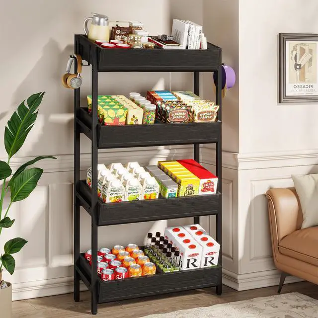 Alt view image 3 of 6 - 4-Tier Retail Display Rack, Wooden Snack Candy Stand, Concession Potato Chip Display Rack, Storage Shelf Organizer with Heavy-Duty Metal Frame, Easy Assembly(1, Black)