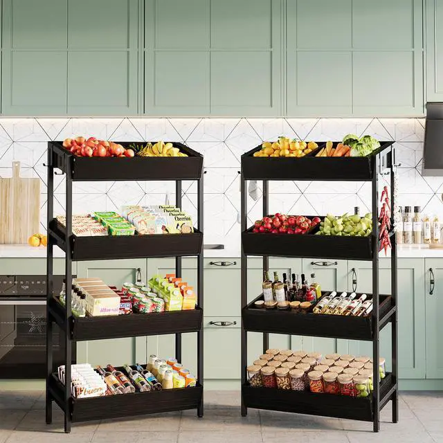 Alt view image 6 of 6 - 4-Tier Retail Display Rack, Wooden Snack Candy Stand, Concession Potato Chip Display Rack, Storage Shelf Organizer with Heavy-Duty Metal Frame, Easy Assembly(1, Black)
