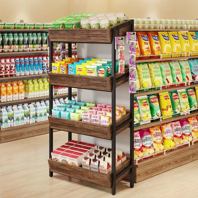 Main image of 4-Tier Retail Display Rack, Wooden Snack and Candy Stand, Heavy-Duty Wood and Metal Shelving for Boutiques, Cafes and Stores, Easy Assembly(1, Brown)