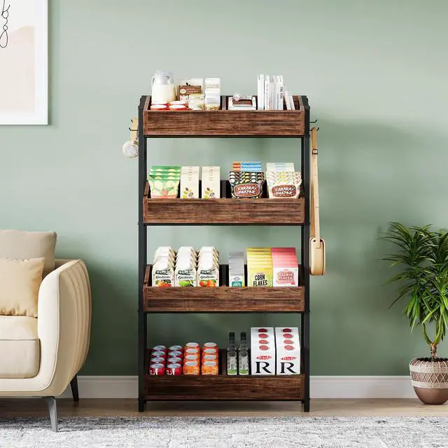 Alt view image 5 of 6 - 4-Tier Retail Display Rack, Wooden Snack and Candy Stand, Heavy-Duty Wood and Metal Shelving for Boutiques, Cafes and Stores, Easy Assembly(1, Brown)