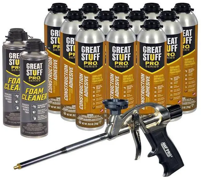 Main image of Construction Adhesive for Wall & Floor 26.5oz, Polyurethane Foam Adhesive for Subfloors, Drywall & Foam Panels, One Component, Off White, Pack of 12 with Applicator (Standard Gun)