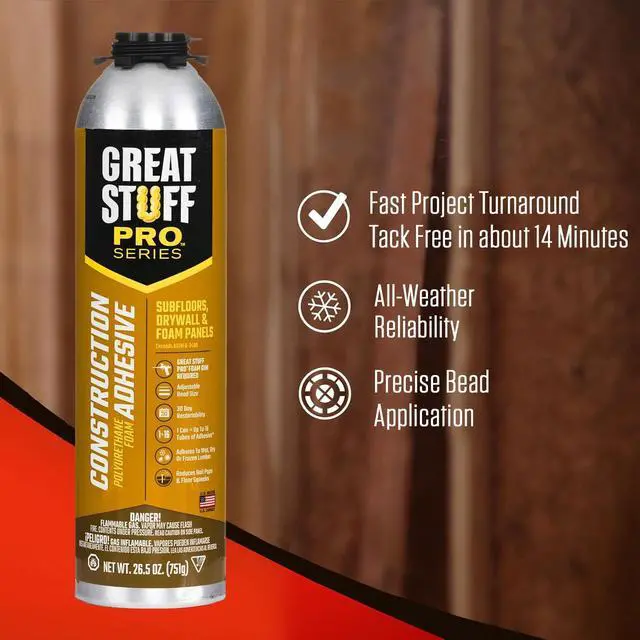 Alt view image 3 of 6 - Construction Adhesive for Wall & Floor 26.5oz, Polyurethane Foam Adhesive for Subfloors, Drywall & Foam Panels, One Component, Off White, Pack of 12 with Applicator (Standard Gun)