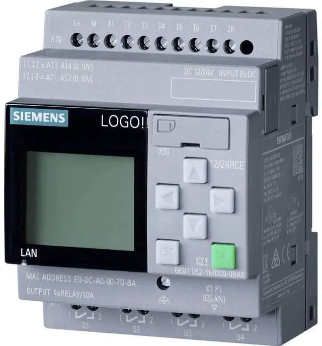 Main image of 6ED1052-1MD08-0BA0 LOGO! 12/24RCE, logic module, disp PS/I/O: 12/24VDC/relay, 8 DI (4AI)/4DO, memory 400 blocks, modular expandable, Ethernet