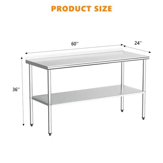 Alt view image 2 of 6 - 60'' x 24'' Stainless Steel Table for Prep & Work,Commercial Worktables & Workstations, NSF Heavy Duty Metal Table with Adjustable UnderShelf & Backsplash for Kitchen,Restaurant,Home,Hotel