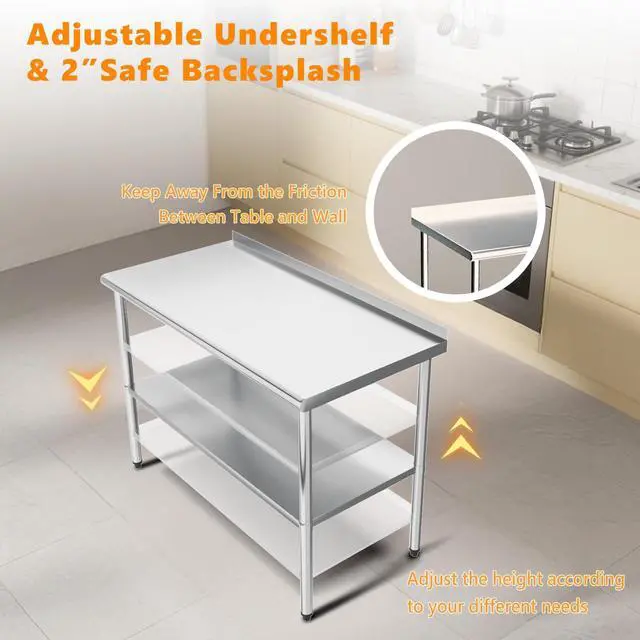 Alt view image 6 of 6 - 60'' x 24'' Stainless Steel Table for Prep & Work,Commercial Worktables & Workstations, NSF Heavy Duty Metal Table with Adjustable UnderShelf & Backsplash for Kitchen,Restaurant,Home,Hotel