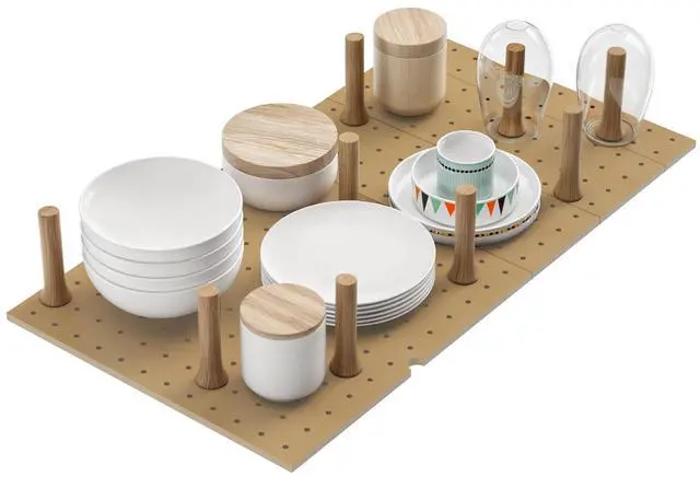Main image of Dowell 4-Piece Wood Pegboard Drawer Divider Organizer Set with 9 Wooden Pegs Adjustable to Fit Drawers of Various Sizes, Customizable Storage for Pots, Pans, and Plates-4007 3319 9P (33"X18-1/2")