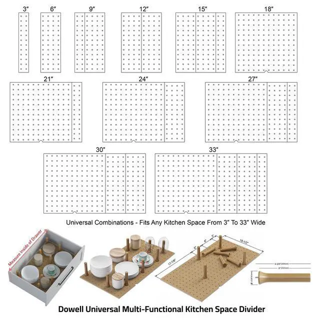 Alt view image 3 of 6 - Dowell 4-Piece Wood Pegboard Drawer Divider Organizer Set with 9 Wooden Pegs Adjustable to Fit Drawers of Various Sizes, Customizable Storage for Pots, Pans, and Plates-4007 3319 9P (33"X18-1/2")