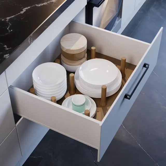 Alt view image 5 of 6 - Dowell 4-Piece Wood Pegboard Drawer Divider Organizer Set with 9 Wooden Pegs Adjustable to Fit Drawers of Various Sizes, Customizable Storage for Pots, Pans, and Plates-4007 3319 9P (33"X18-1/2")