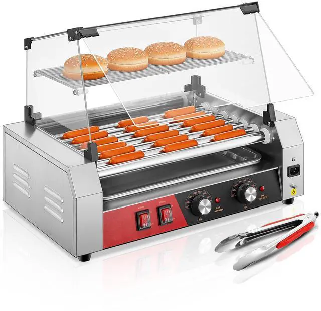 Main image of Hot Dog Roller, 7 Rollers 18 Hot Dog Capacity,1050W Stainless Steel Hot Dog Machine with Bun Shelf, Drip Tray, Glass Cover & Dual Temp Control for for Kitchen, Party, and Canteen Use