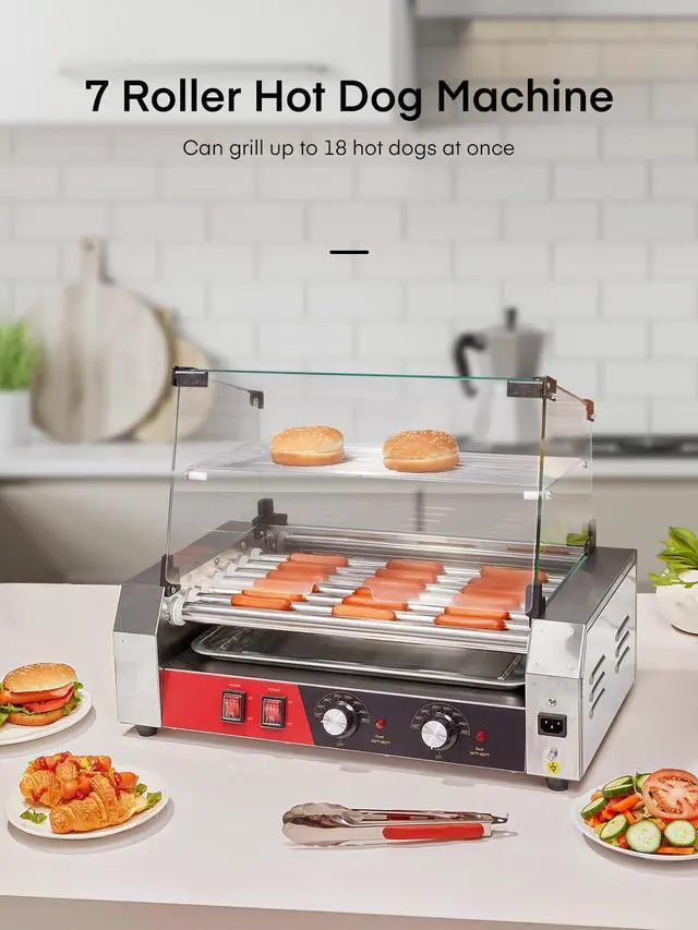 Alt view image 2 of 6 - Hot Dog Roller, 7 Rollers 18 Hot Dog Capacity,1050W Stainless Steel Hot Dog Machine with Bun Shelf, Drip Tray, Glass Cover & Dual Temp Control for for Kitchen, Party, and Canteen Use
