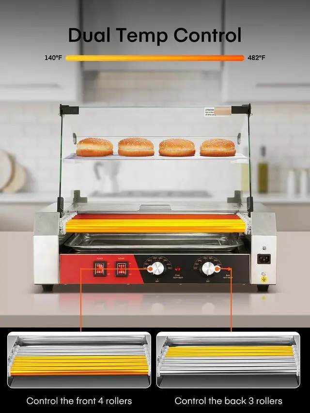 Alt view image 3 of 6 - Hot Dog Roller, 7 Rollers 18 Hot Dog Capacity,1050W Stainless Steel Hot Dog Machine with Bun Shelf, Drip Tray, Glass Cover & Dual Temp Control for for Kitchen, Party, and Canteen Use