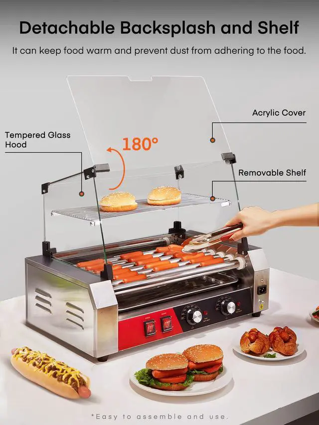 Alt view image 4 of 6 - Hot Dog Roller, 7 Rollers 18 Hot Dog Capacity,1050W Stainless Steel Hot Dog Machine with Bun Shelf, Drip Tray, Glass Cover & Dual Temp Control for for Kitchen, Party, and Canteen Use