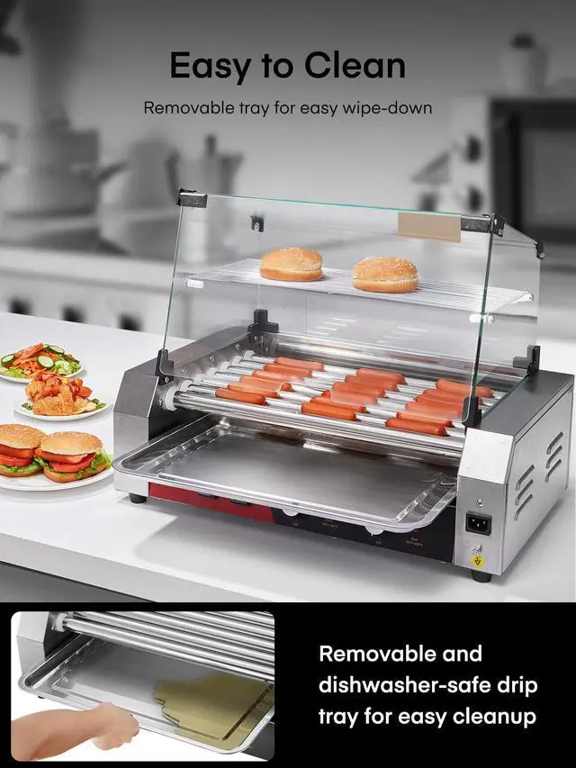 Alt view image 6 of 6 - Hot Dog Roller, 7 Rollers 18 Hot Dog Capacity,1050W Stainless Steel Hot Dog Machine with Bun Shelf, Drip Tray, Glass Cover & Dual Temp Control for for Kitchen, Party, and Canteen Use