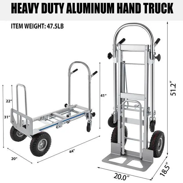 Alt view image 2 of 6 - 3in1 Aluminum Hand Truck,Convertible Hand Truck Dolly Large Size 1000 lb Capacity, Utility Cart Converts from Hand Truck to Platform Cart with 10" Hi Tech Rubber Wheels
