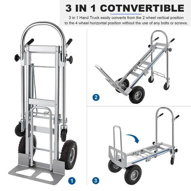 Alt view image 3 of 6 - 3in1 Aluminum Hand Truck,Convertible Hand Truck Dolly Large Size 1000 lb Capacity, Utility Cart Converts from Hand Truck to Platform Cart with 10" Hi Tech Rubber Wheels