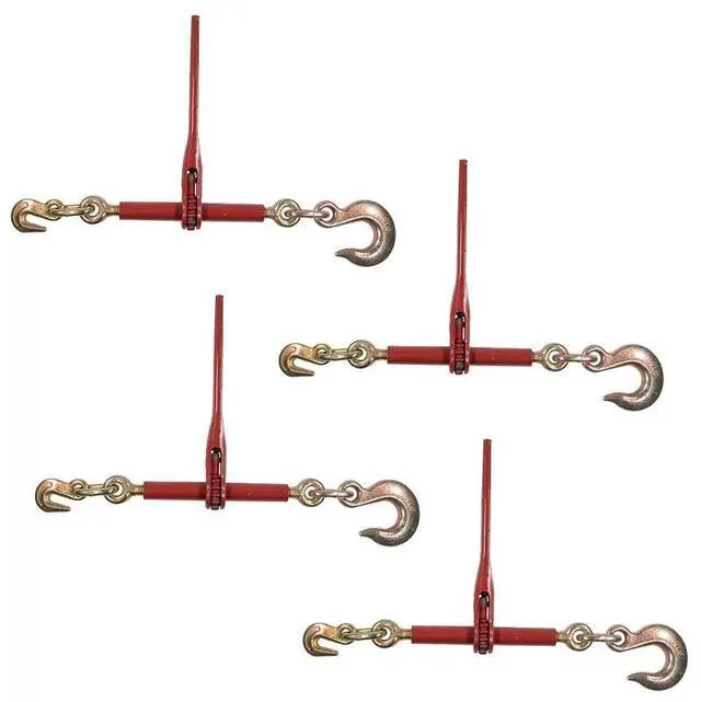 Main image of (4 Pack) 5/16"- 3/8" Heavy Duty Ratchet Chain Binder w/ 3/8" Grab Hook & 1/2" Slip Hook, 5,400 Lbs WLL - Tie Down Hauling Load Binders for Flatbed Trailers