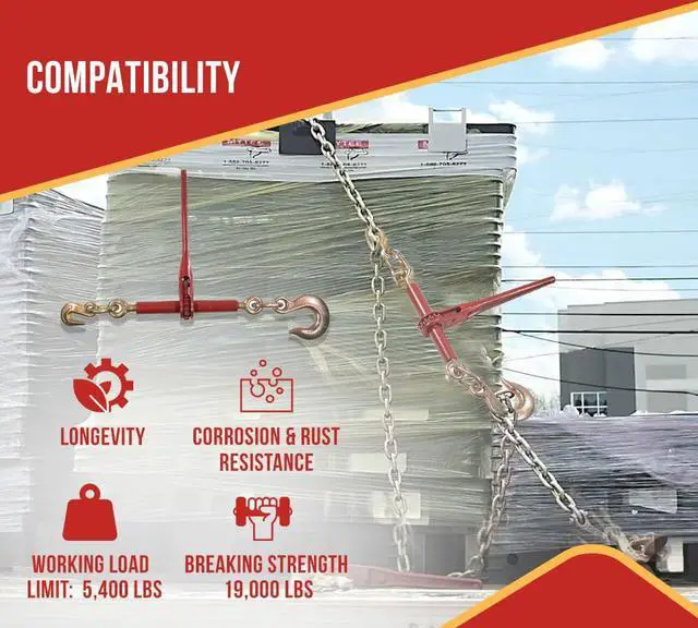 Alt view image 5 of 6 - (4 Pack) 5/16"- 3/8" Heavy Duty Ratchet Chain Binder w/ 3/8" Grab Hook & 1/2" Slip Hook, 5,400 Lbs WLL - Tie Down Hauling Load Binders for Flatbed Trailers