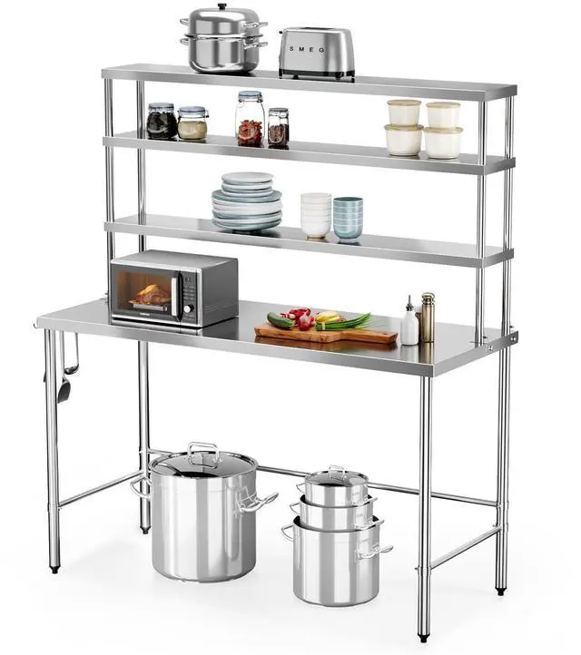Main image of Open Base Stainless Steel Table with Overshelves 60" X 24", NSF Commercial Heavy Duty Pre Table with Adjustable Undershelf & Detachable Hooks for Kitchen Restaurant