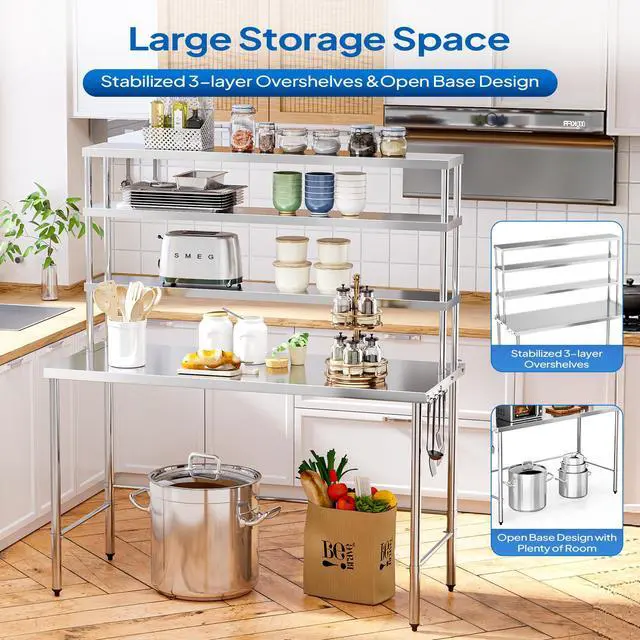 Alt view image 3 of 6 - Open Base Stainless Steel Table with Overshelves 60" X 24", NSF Commercial Heavy Duty Pre Table with Adjustable Undershelf & Detachable Hooks for Kitchen Restaurant