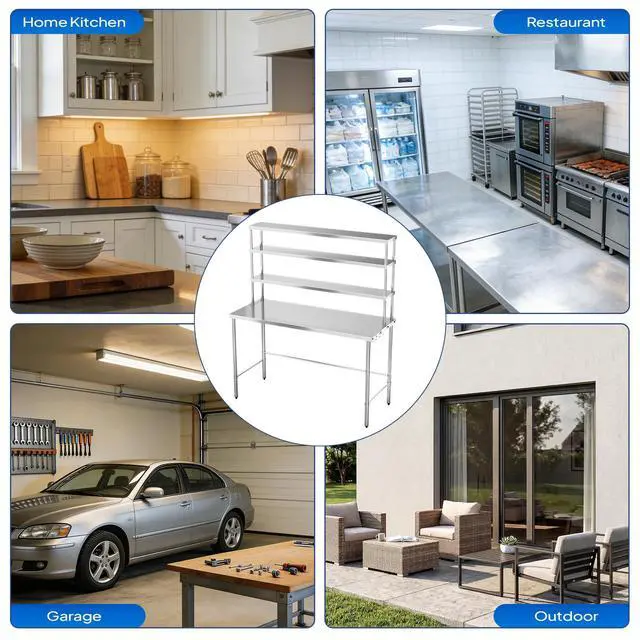 Alt view image 6 of 6 - Open Base Stainless Steel Table with Overshelves 60" X 24", NSF Commercial Heavy Duty Pre Table with Adjustable Undershelf & Detachable Hooks for Kitchen Restaurant