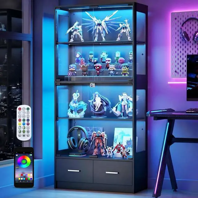 Main image of 67" Glass Display Cabinet - Seal Strip Display Case with Lock & RGB LED Lights for Collectibles, 2 Drawers Curio Cabinet for Living Room, Office, Black